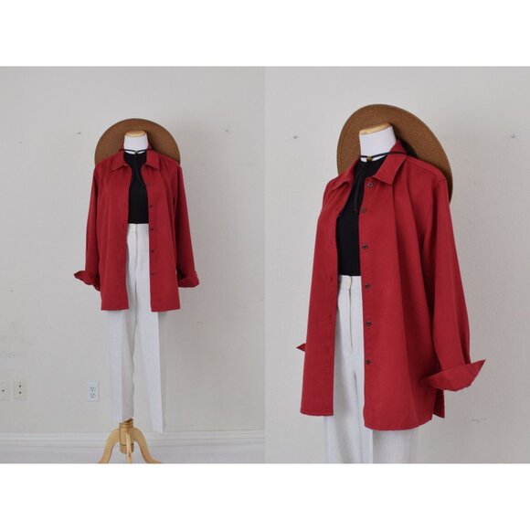 Vintage 90s Red Velvety Soft Polyester Shacket | size 12 - Picture 1 of 9